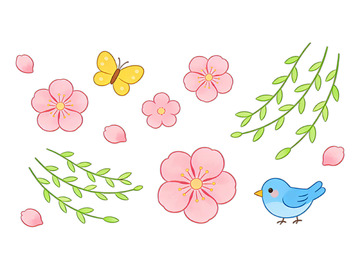 卡通春日花卉小鸟插画素材