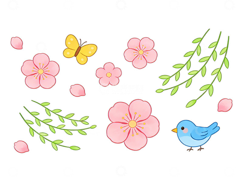 高清大图下载【趣麦麦图】-卡通春日花卉小鸟插画素材