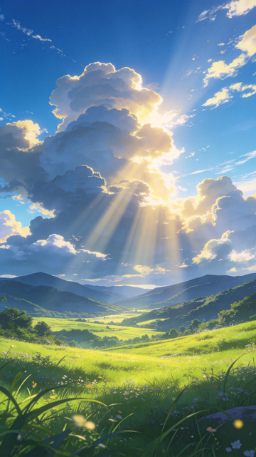 动漫风格田园日出风景画