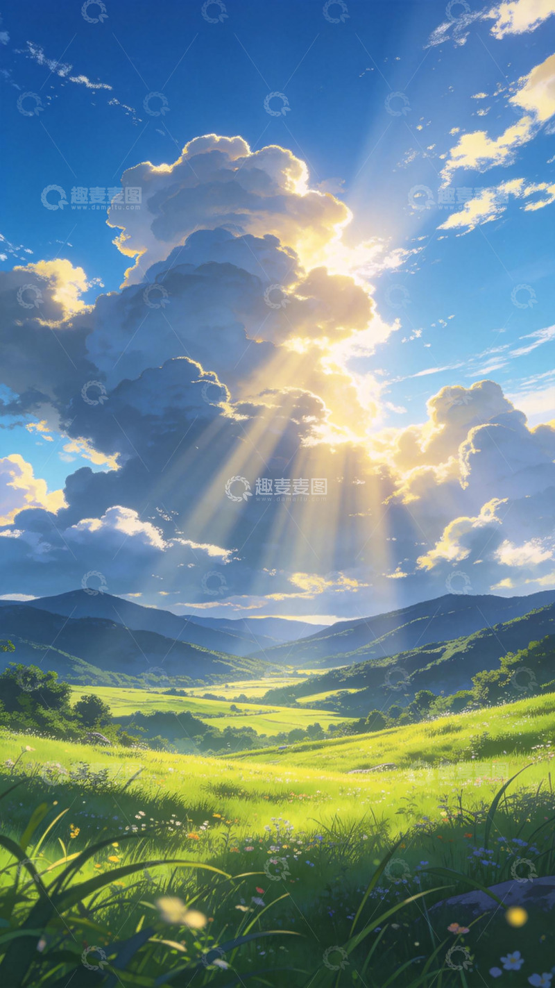 高清大图下载【趣麦麦图】-动漫风格田园日出风景画