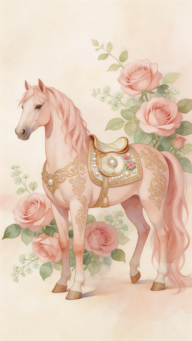 高清大图下载【趣麦麦图】-玫瑰白马水彩画
