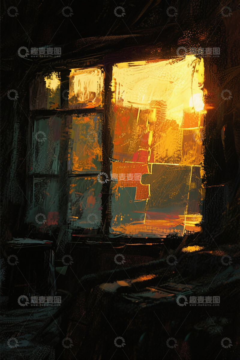 高清大图下载【趣麦麦图】油画风窗户黄昏景象艺术插画