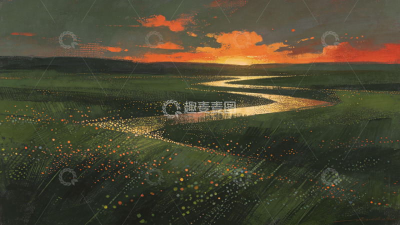 高清大图下载【趣麦麦图】夕阳河流田野风景油画