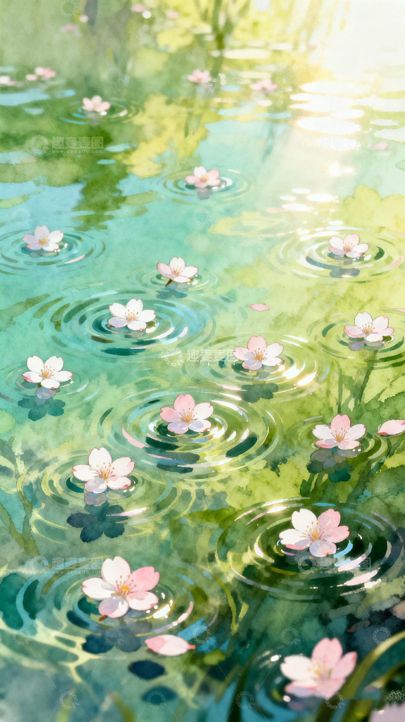 高清大图下载【趣麦麦图】-水彩荷花池塘自然风光插画