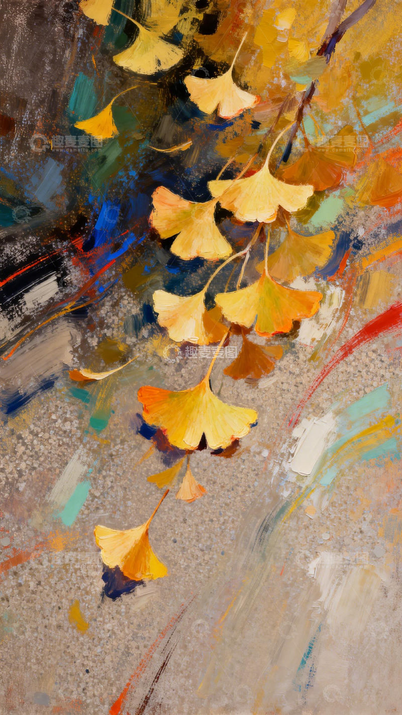 高清大图下载【趣麦麦图】油画风银杏叶秋日艺术画