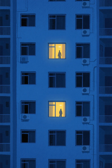 蓝色公寓楼夜景剪影摄影