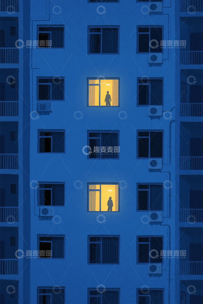 高清大图下载【趣麦麦图】蓝色公寓楼夜景剪影摄影
