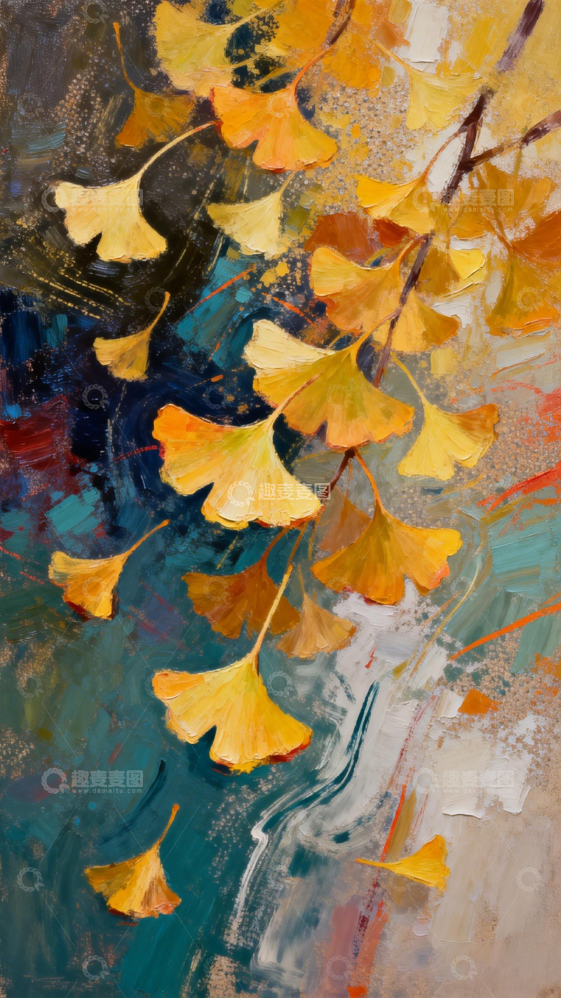 高清大图下载【趣麦麦图】油画风银杏叶抽象艺术