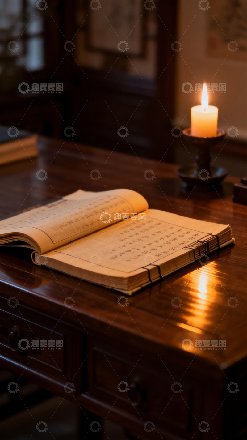 高清大图下载【趣麦麦图】古典书桌烛光书写