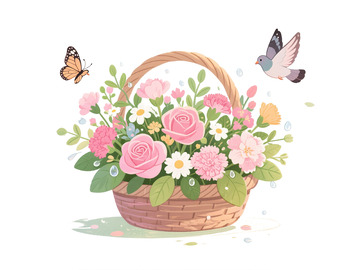 卡通鲜花篮插画设计素材