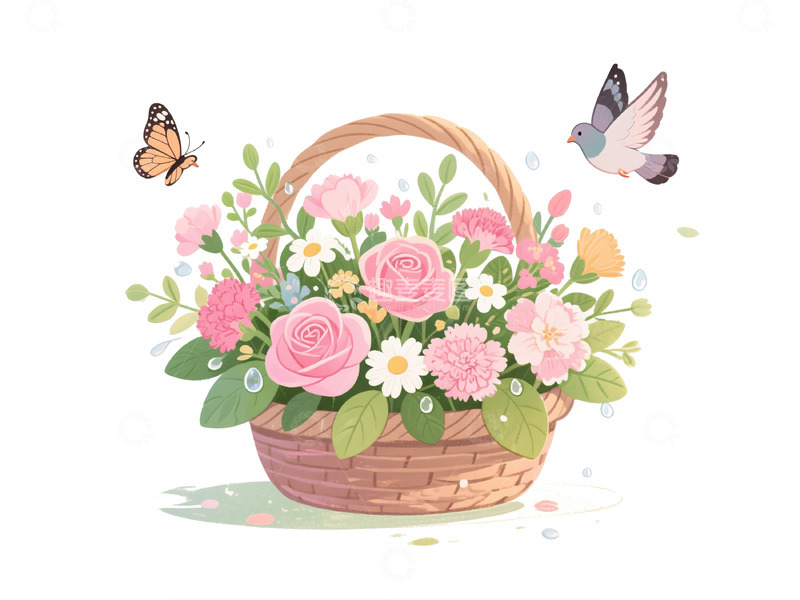 高清大图下载【趣麦麦图】-卡通鲜花篮插画设计素材