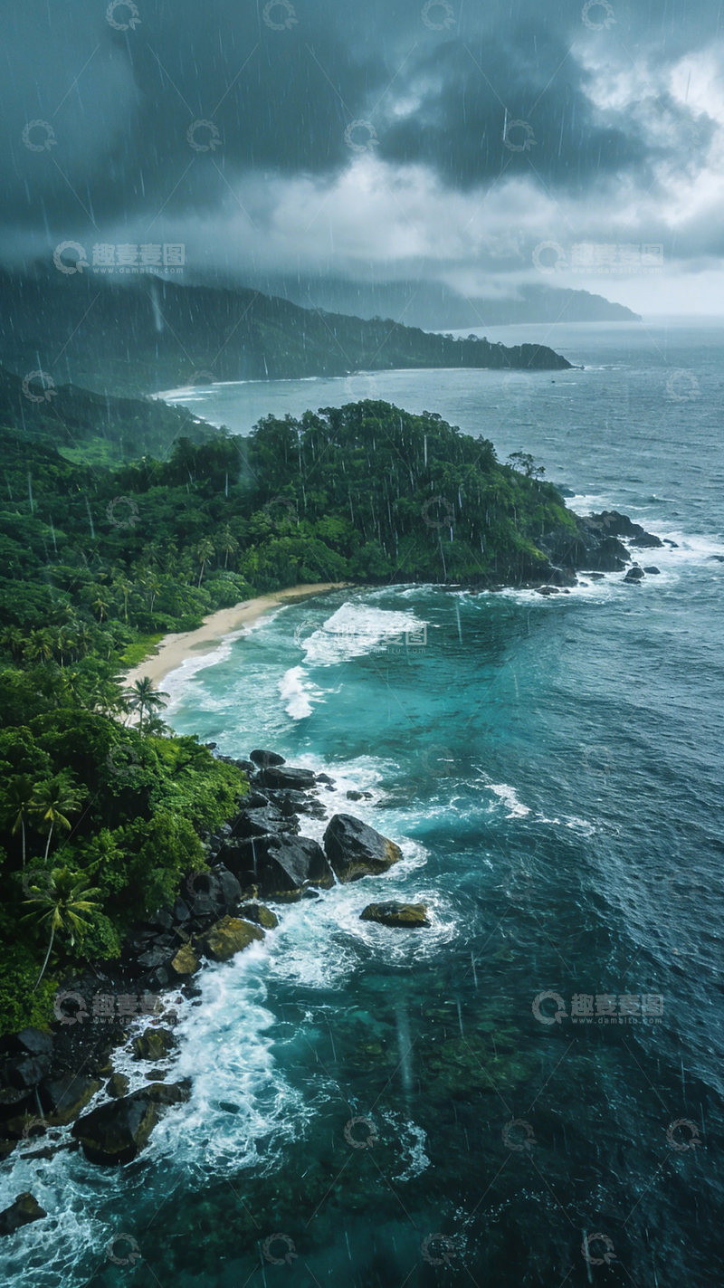 高清大图下载【趣麦麦图】雨中海岸风光航拍图