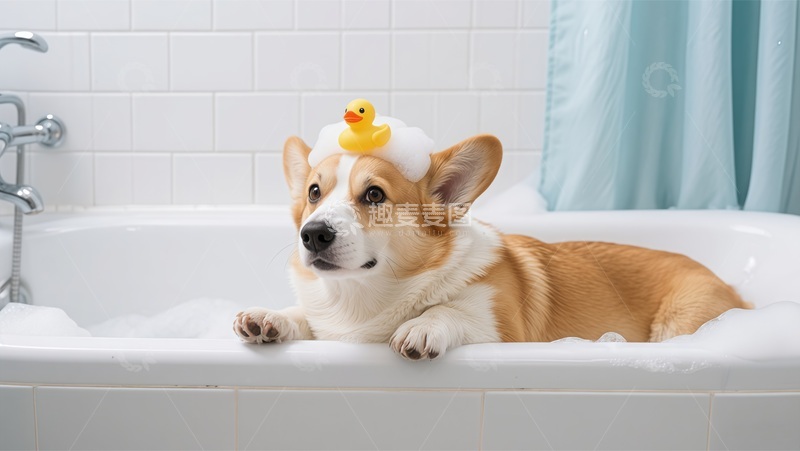 高清大图下载【趣麦麦图】-柯基犬浴缸戏水可爱