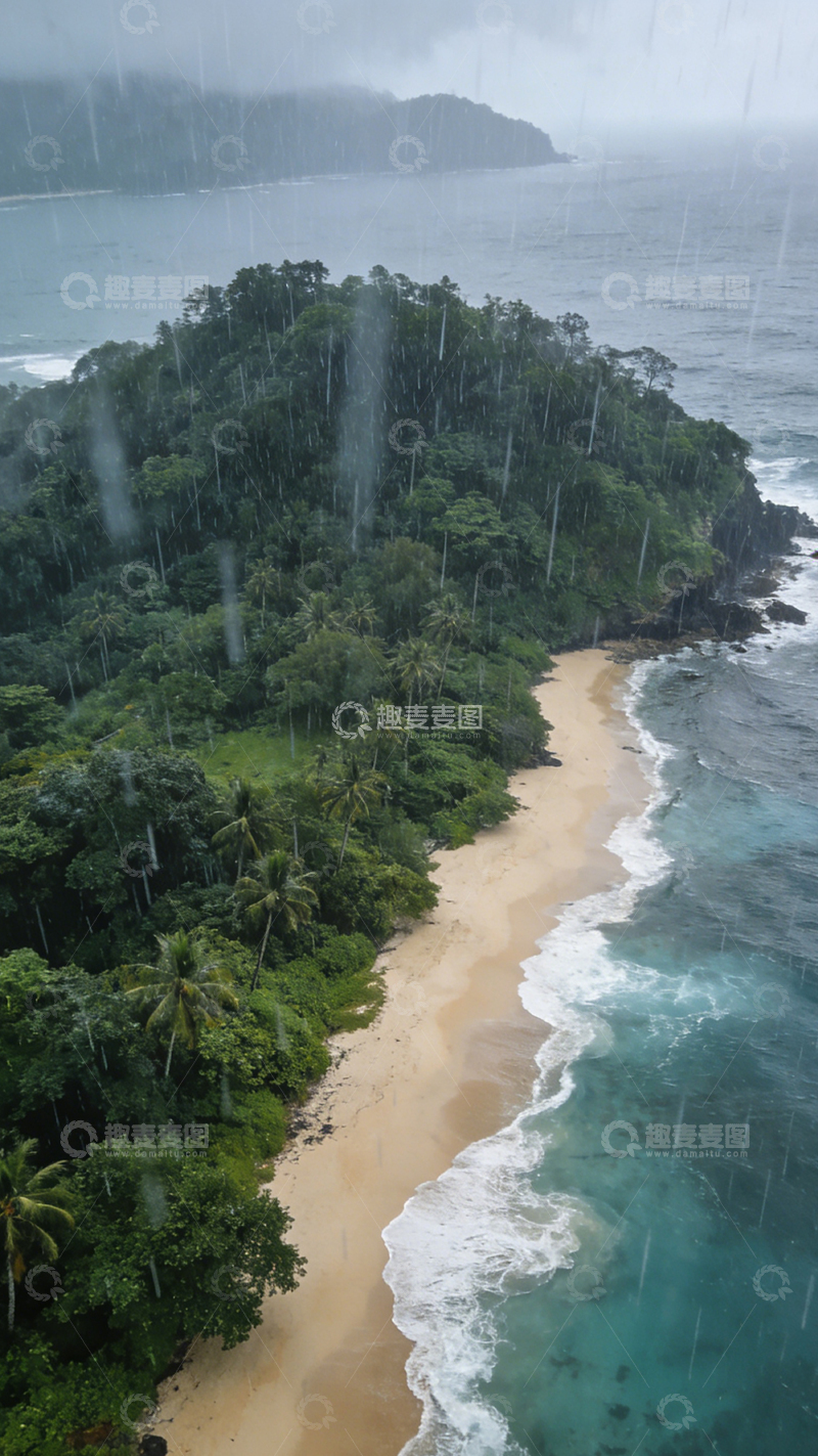 高清大图下载【趣麦麦图】雨中海岸热带雨林航拍图
