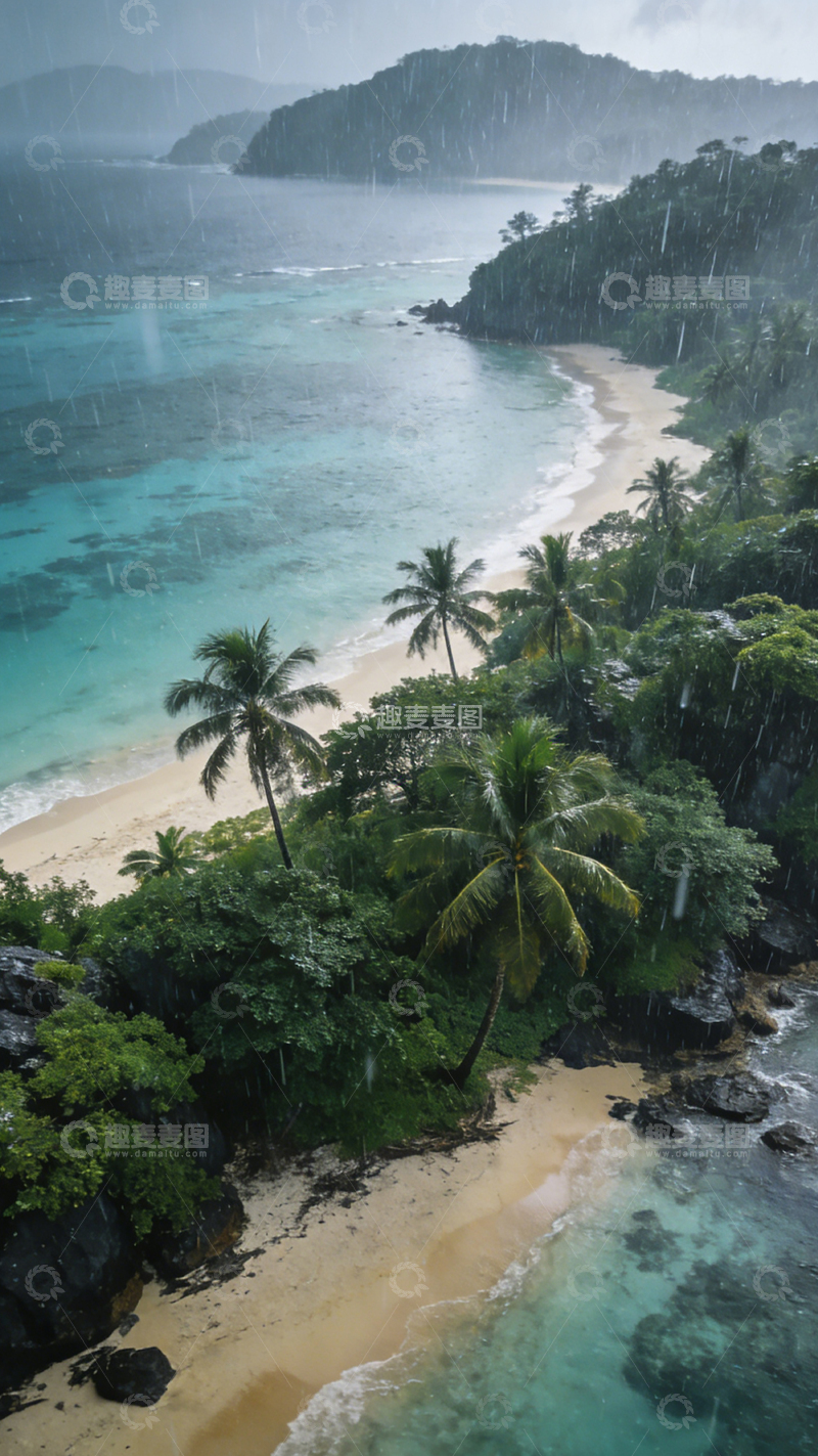 高清大图下载【趣麦麦图】雨中椰林海滩景观