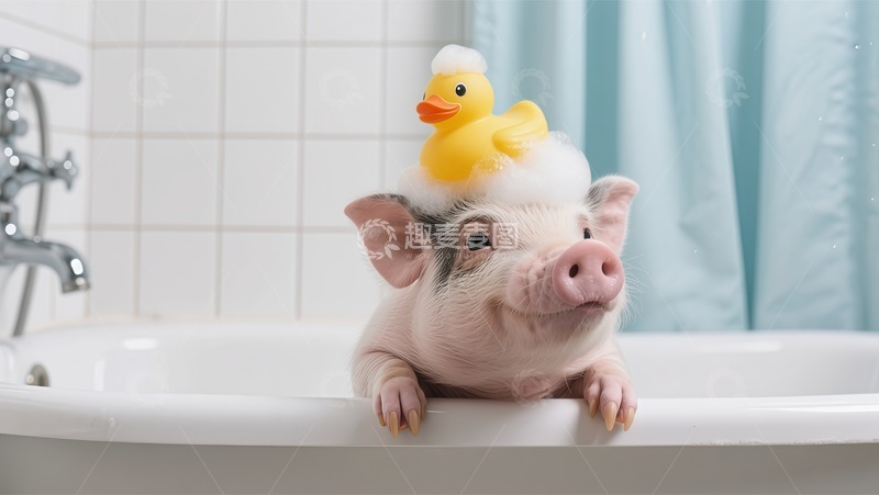 高清大图下载【趣麦麦图】趣味小猪戏水黄鸭
