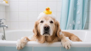 可爱金毛狗浴缸趣照