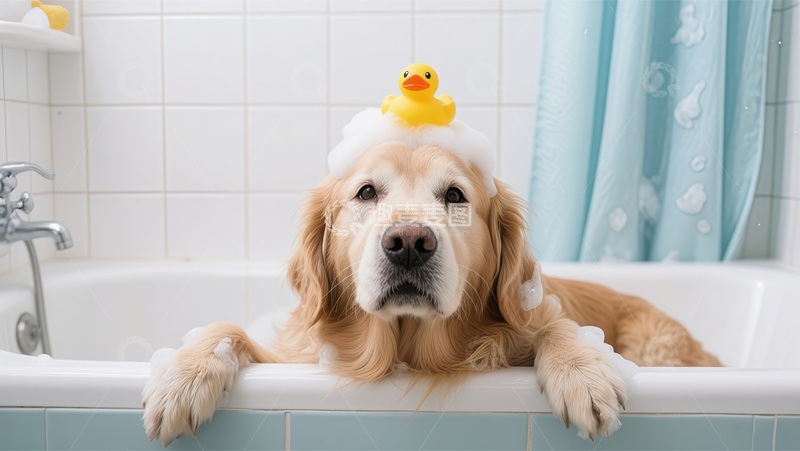 高清大图下载【趣麦麦图】-可爱金毛狗浴缸趣照