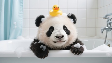 可爱熊猫玩具洗澡照