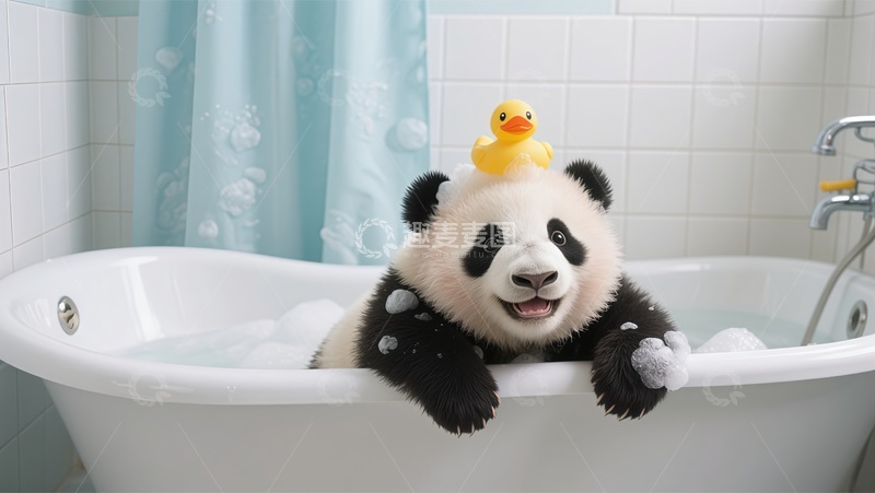 高清大图下载【趣麦麦图】-可爱熊猫洗澡玩具照片