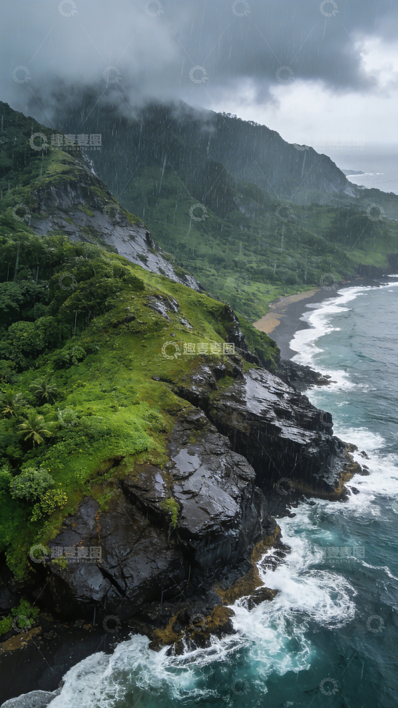 高清大图下载【趣麦麦图】阴雨海岸峭壁景观