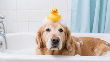 金毛犬浴缸小黄鸭