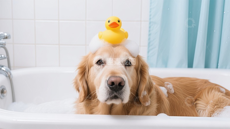 高清大图下载【趣麦麦图】-金毛犬浴缸小黄鸭