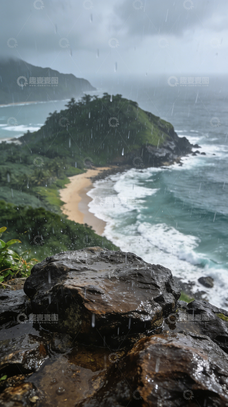 高清大图下载【趣麦麦图】雨中海滩岩石风光