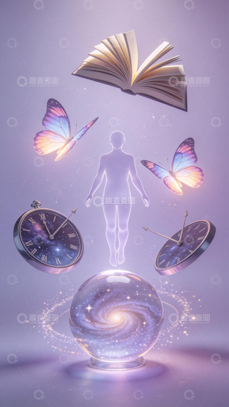 高清大图下载【趣麦麦图】梦幻时空书籍蝴蝶钟表银河