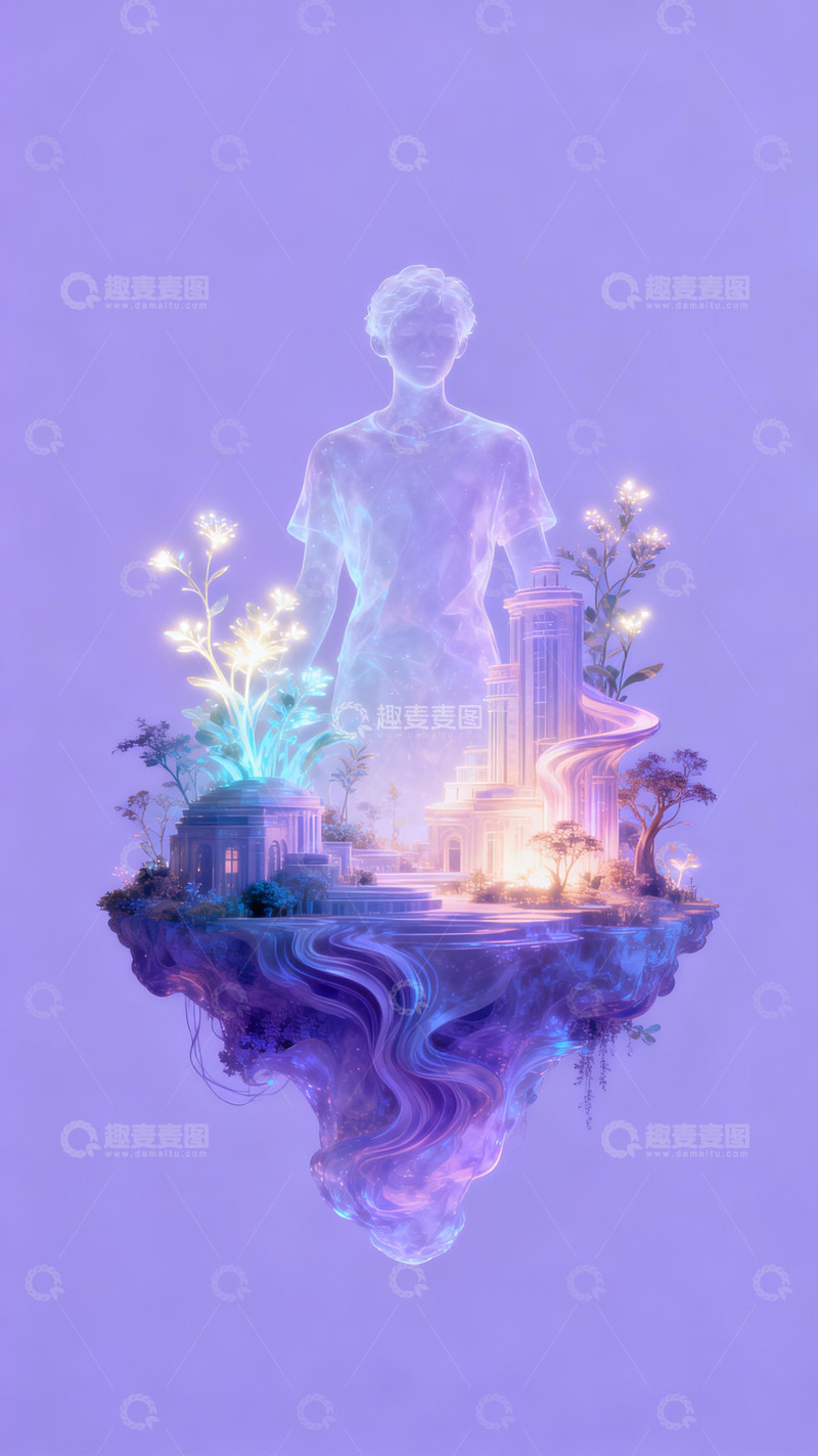 高清大图下载【趣麦麦图】梦幻浮岛雕塑建筑艺术插画
