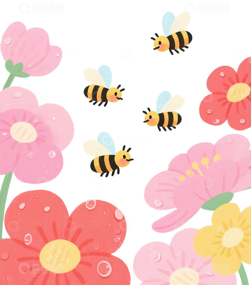 高清大图下载【趣麦麦图】卡通蜜蜂花卉插画