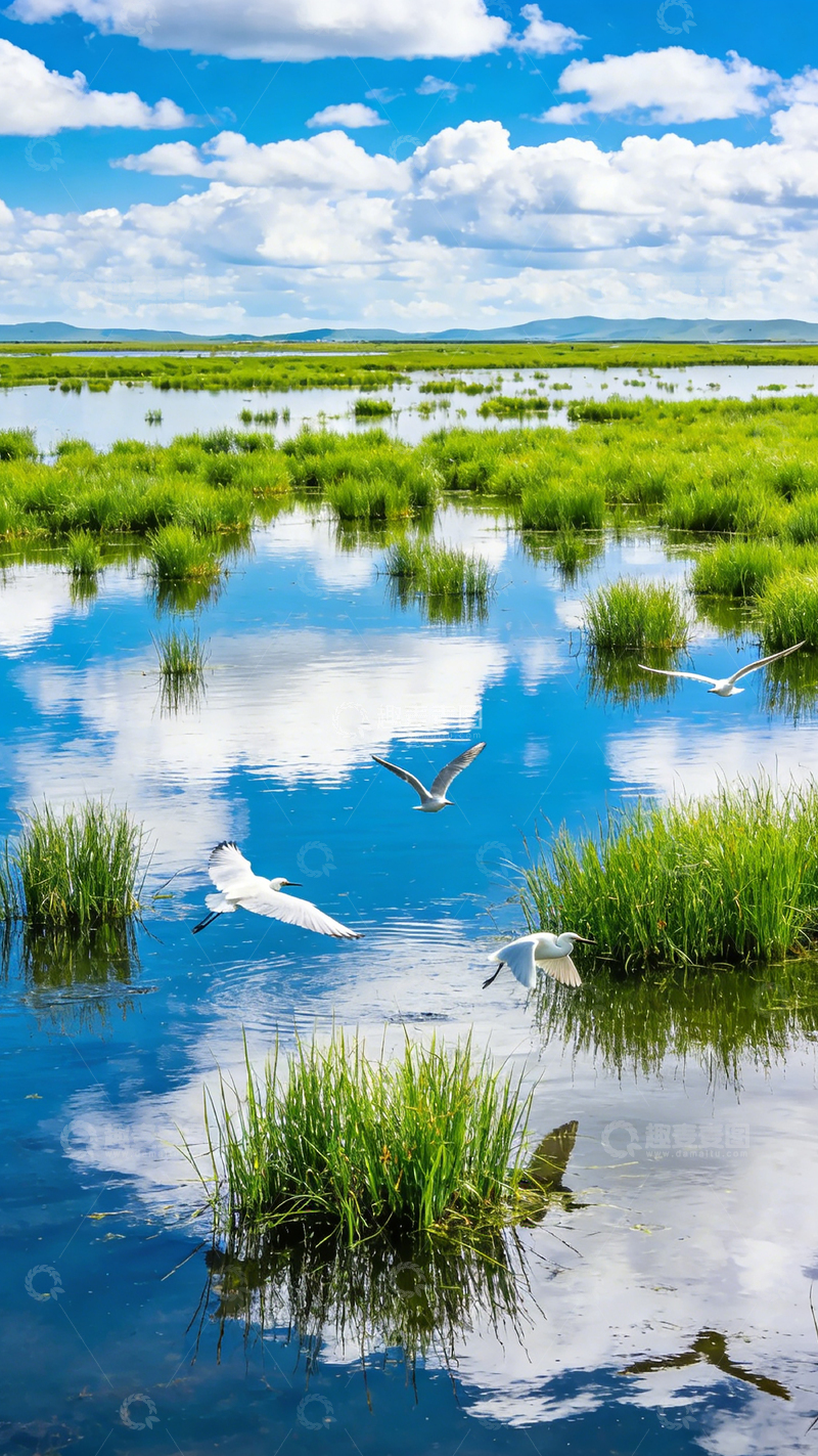 高清大图下载【趣麦麦图】湿地风光白鹭飞水草蓝天白云