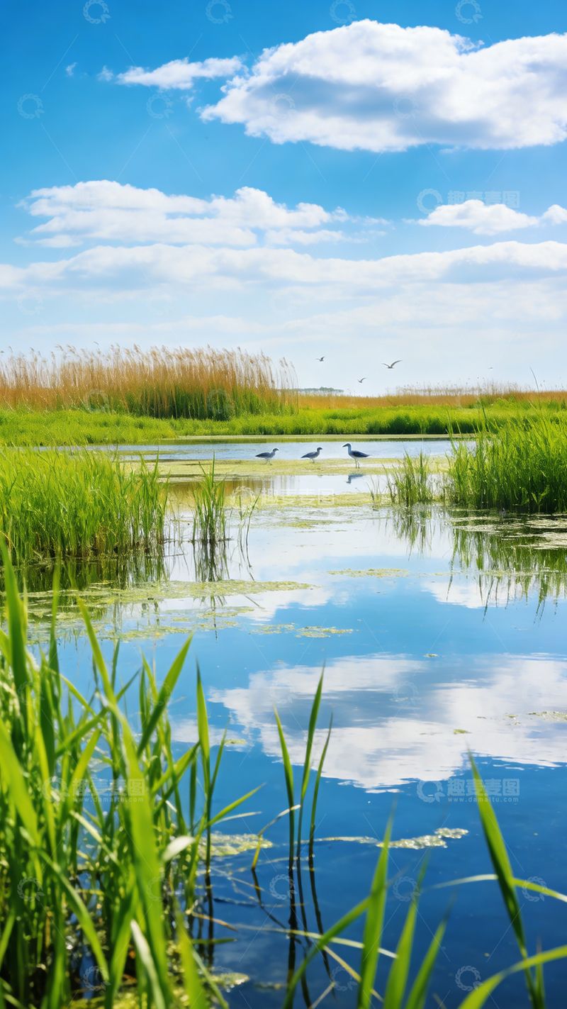 高清大图下载【趣麦麦图】湿地风光蓝天白云飞鸟