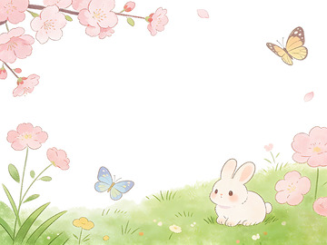 春日樱花兔蝶卡通插画