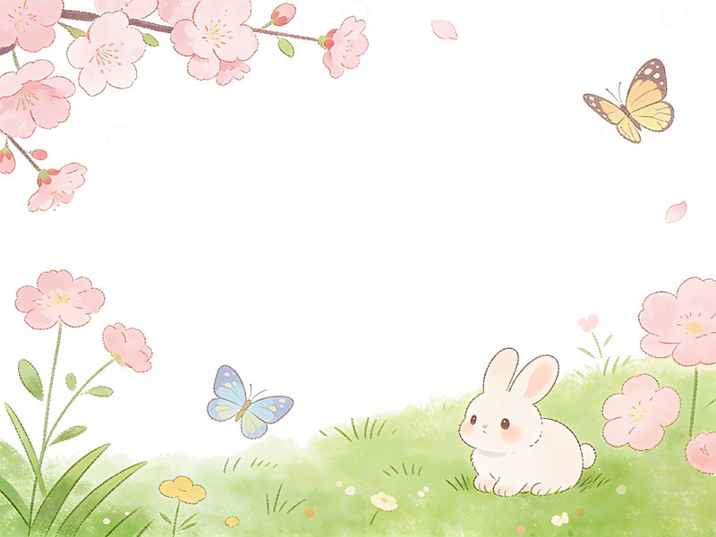 高清大图下载【趣麦麦图】春日樱花兔蝶卡通插画