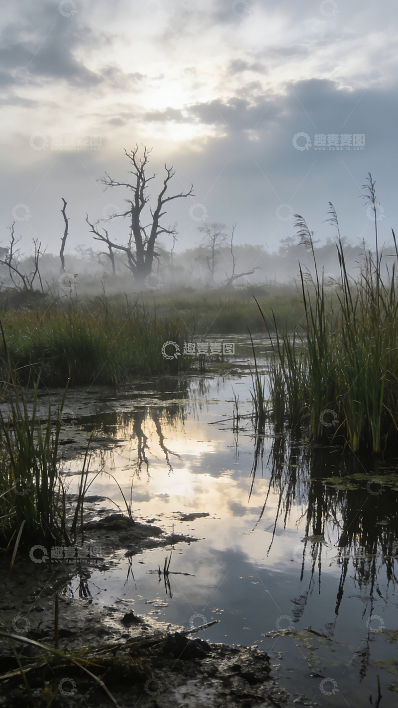 高清大图下载【趣麦麦图】湿地晨雾枯树风光