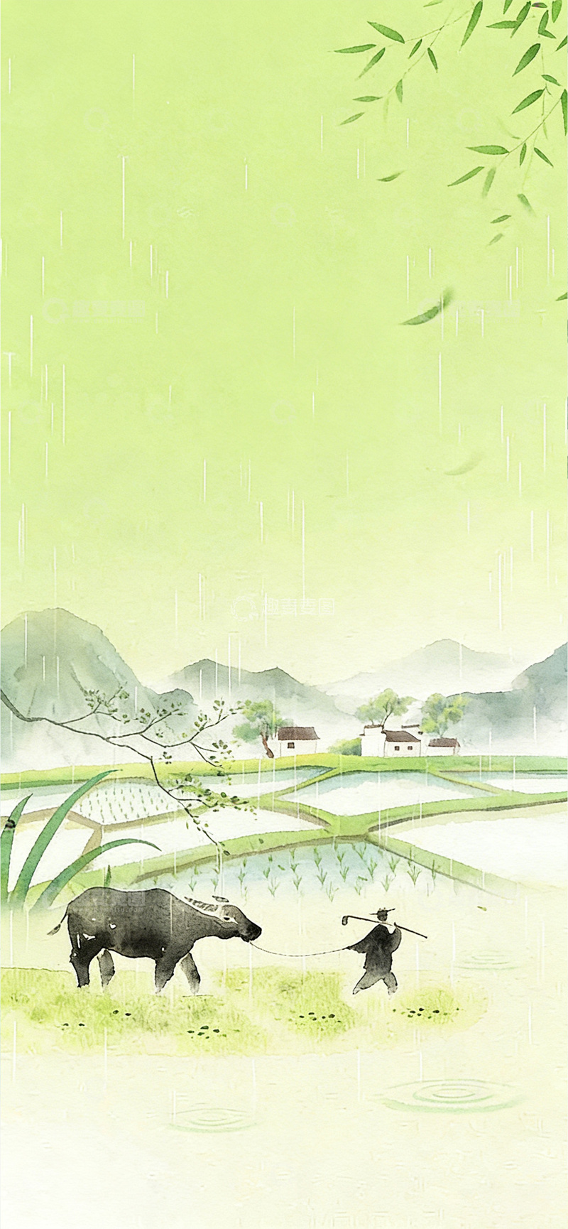 高清大图下载【趣麦麦图】春雨归耕 乡野牧牛图