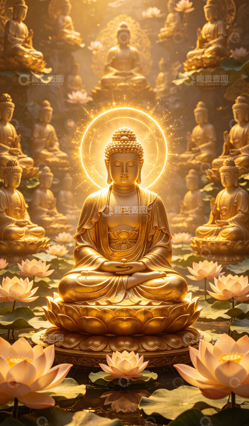 高清大图下载【趣麦麦图】金色佛陀莲花场景艺术图装饰画