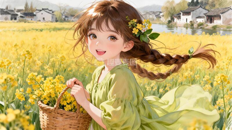 高清大图下载【趣麦麦图】田园风少女油菜花插画壁纸素材