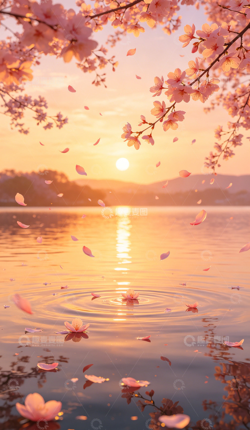 高清大图下载【趣麦麦图】樱花落日湖水风光