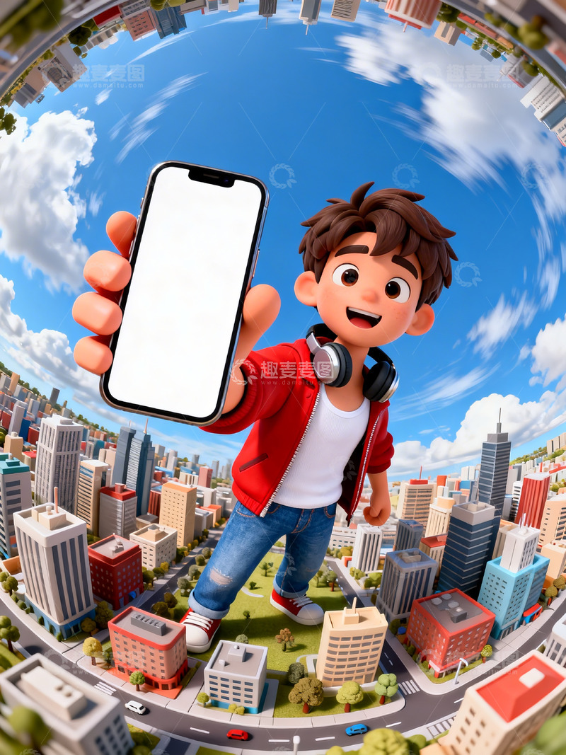 高清大图下载【趣麦麦图】卡通3d鱼眼效果男孩拿着手机展示4