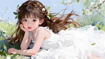 春日花海中少女插画素材壁纸