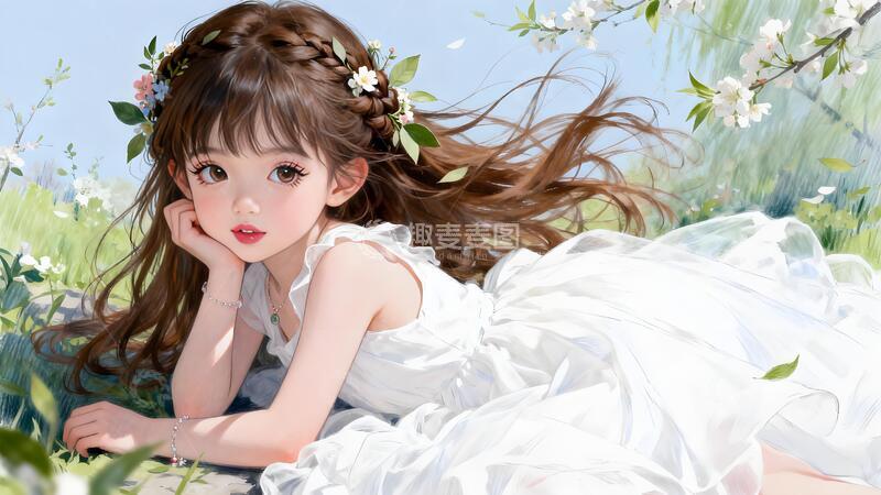 高清大图下载【趣麦麦图】-春日花海中少女插画素材壁纸