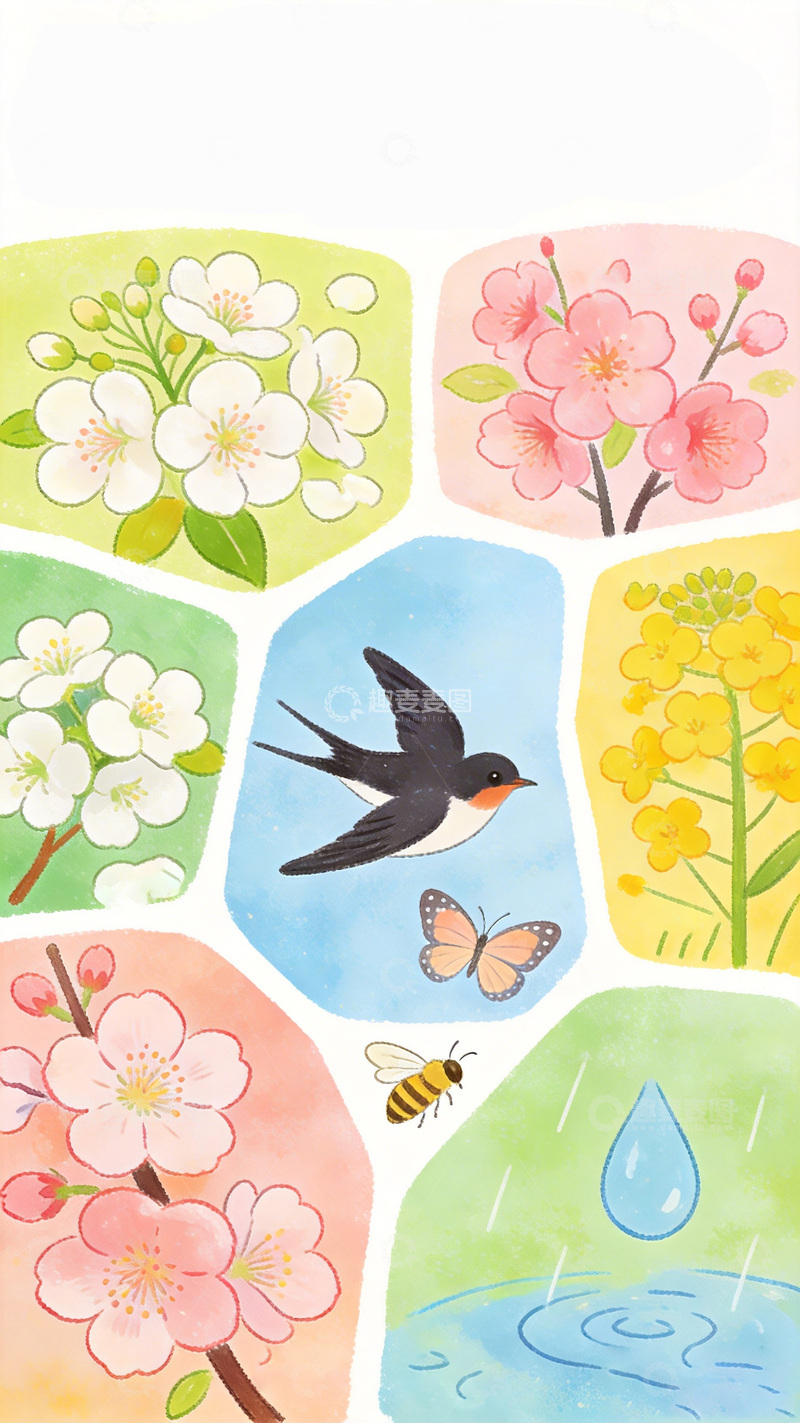 高清大图下载【趣麦麦图】春日花卉鸟类蝴蝶水彩画