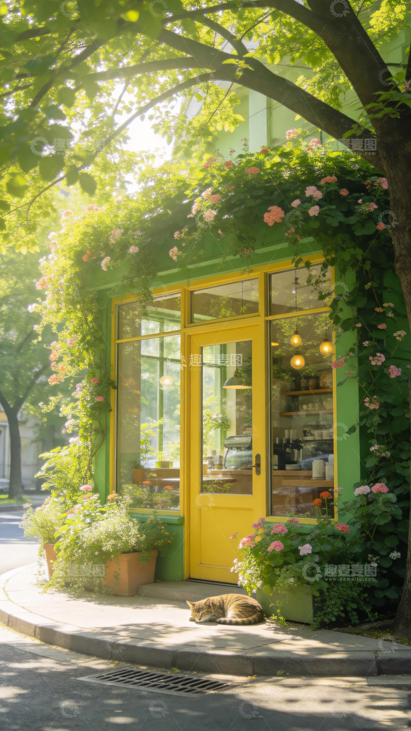 高清大图下载【趣麦麦图】温馨花店街景插画素材