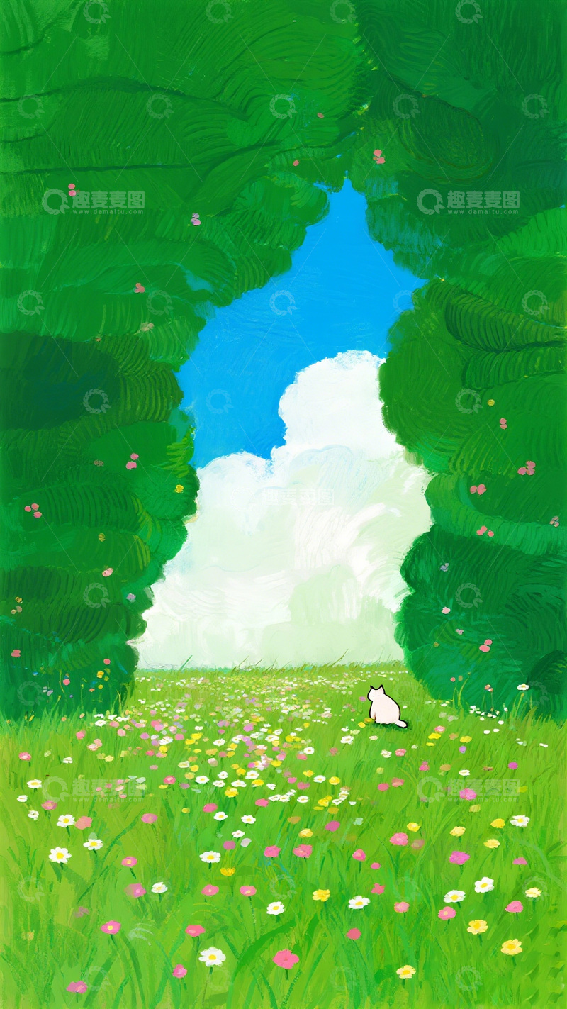 高清大图下载【趣麦麦图】绿色森林小花风景插画