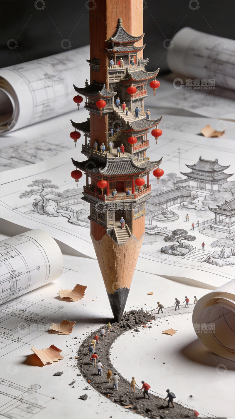 高清大图下载【趣麦麦图】铅笔微雕东方建筑创意作品
