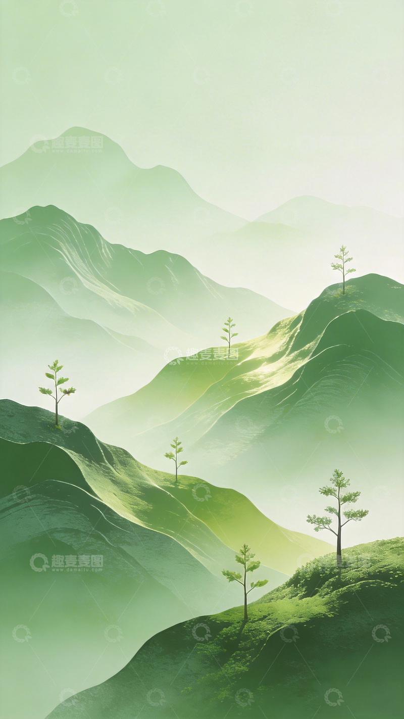 高清大图下载【趣麦麦图】青山绿水风景插画