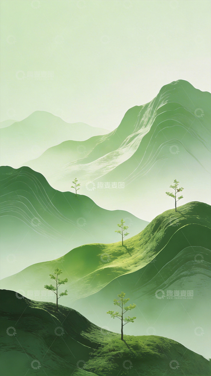 高清大图下载【趣麦麦图】山水意境绿色调绘画