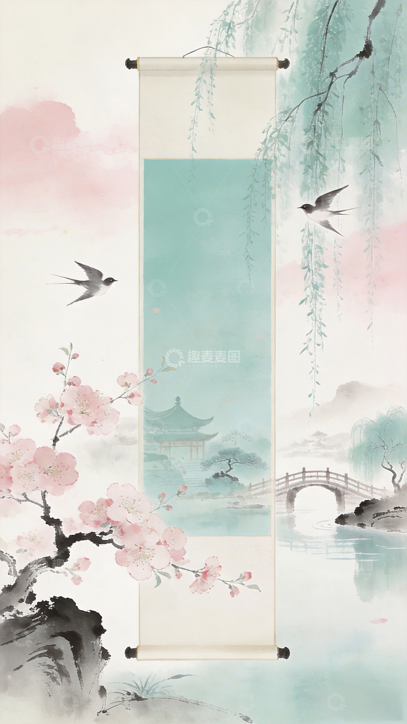 高清大图下载【趣麦麦图】水墨山水画古风花鸟卷轴